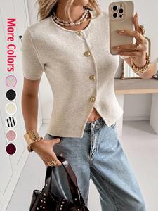 2026 Valentine's Day Bestselling Women's Knitted Short Top Blouse, Gold Button Accent for Elegance, Slim Fit Design for Waist Flattering, Half Sleeve Perfect for Spring & Summer