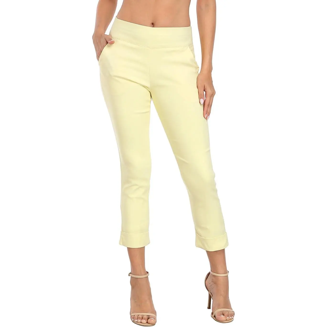 Women's Pull On Capri Pants, Dressy Straight Leg Stretch Trousers with Pockets for Work, Office & Golf, Bottoms, Classy, Casual, Formal, Fit