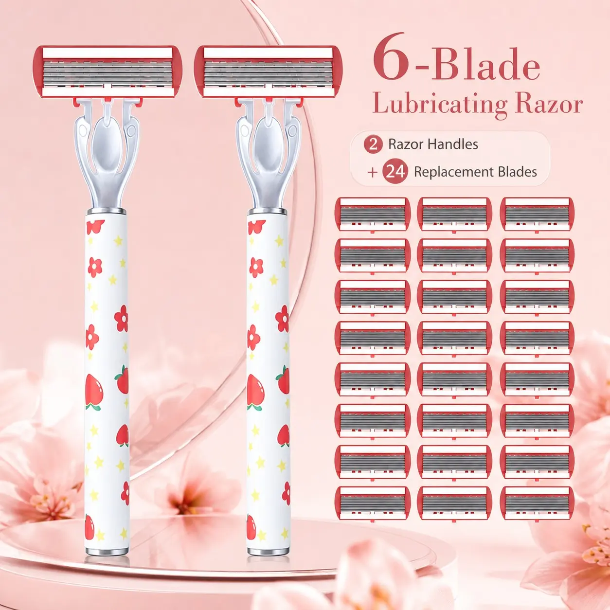 Cute Strawberry Print Six-Layer Women's Razor Set, 2 Cartoon Razors + 24 Replacement Heads, Smooth Shaving, Comfortable Grip