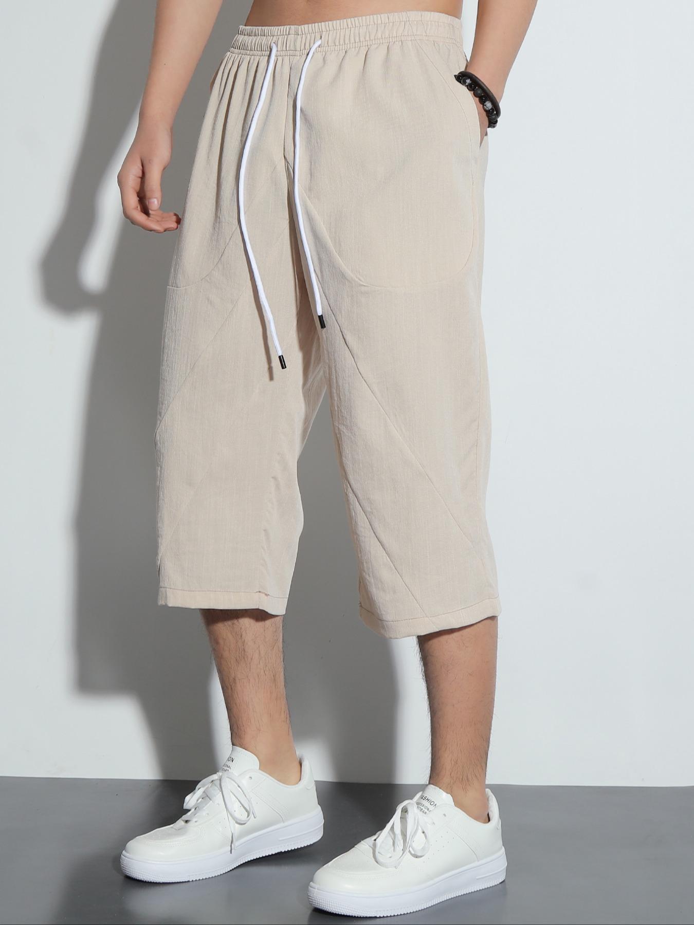 Men's Solid Color Drawstring Waist Capris Pants, Casual Lounge Pants, Regular Fit Casual Comfortable  Breathable Pocket Capri Pants for Summer, Fashion Men's Bottoms for Daily Wear