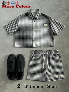 Men's Checkered Two-Piece Set, Button Shirt + Drawstring Shorts, Loose Breathable College Style, Retro Y2K Streetwear