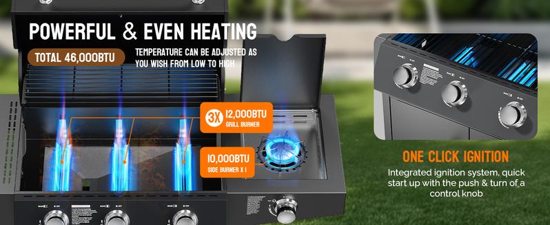 ROVSUN 3 Burner Propane Gas Grill with Side Burner, 46,000BTU BBQ Grills with Enameled Cast Iron Grates, Shelf & Cabinet for Outdoor Garden Patio Backyard Barbecue Cooking