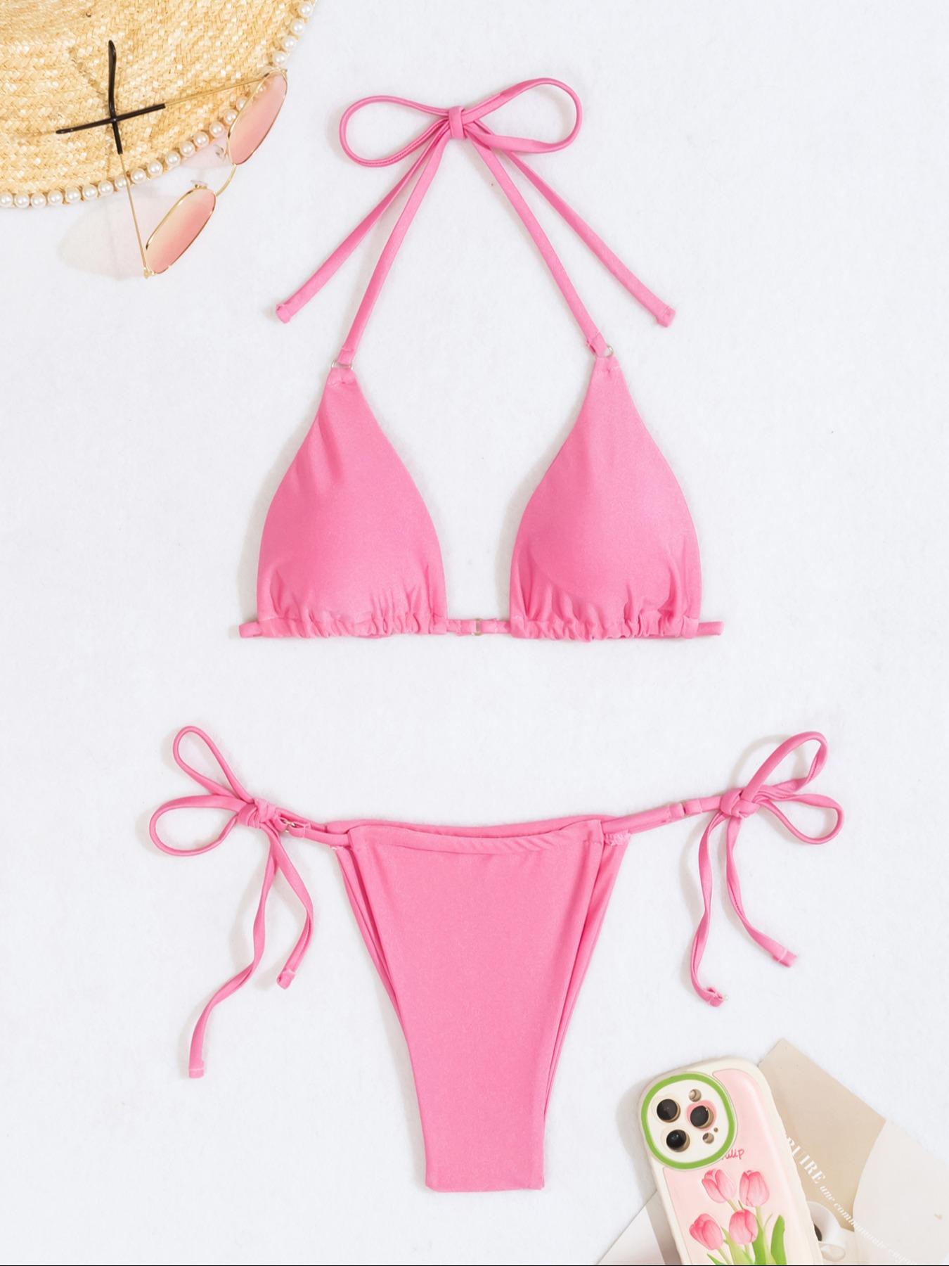 Mix & Match Sizing Solid Bikini Top/bottoms Bikini Set, Casual Halter Neck Backless Triangle Swim Top, Tie Side Swim Thong, Women's Summer Swimwear, Bikinis Sets, Bikini Outfits