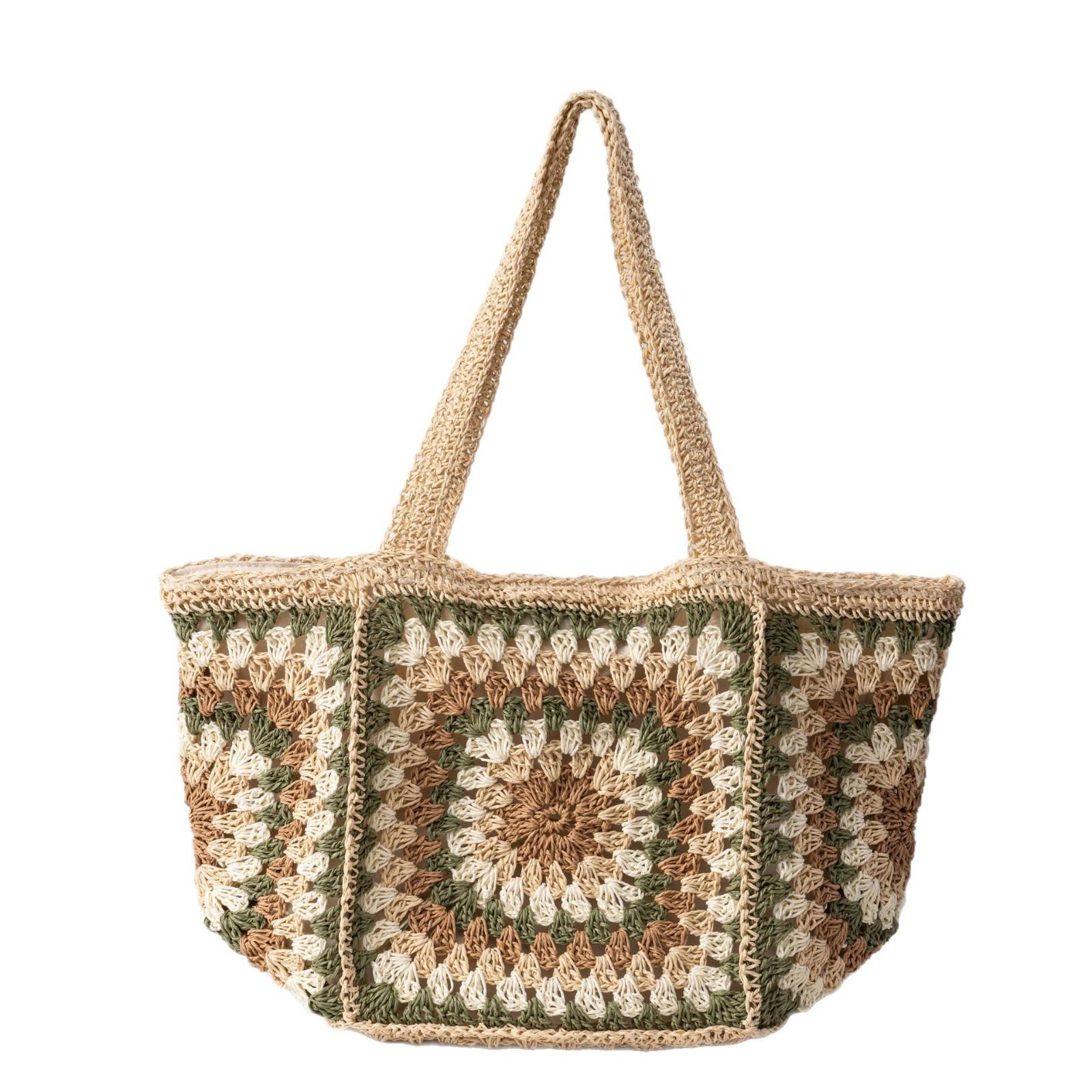 Grandmother Grid High-End Single-Shoulder Straw Bag for Women, Hand-Woven Bag with Large Capacity Canvas Lining, Beach Tote Bag
