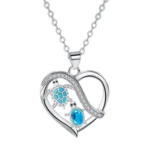Blue Crystal Sea Turtle Heart Necklace, Ocean-inspired Statement Jewelry, Perfect for Daily Wear & Meaningful Gifting, Gift for Mom