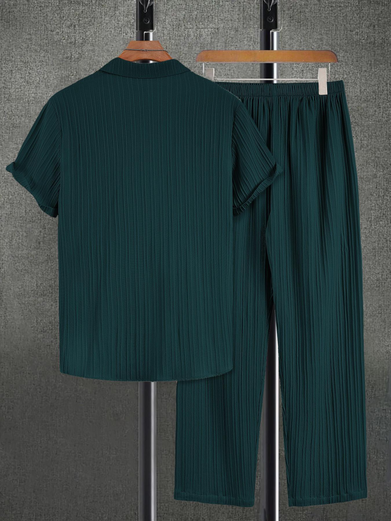 Men's Plain Textured Loungewear Set, National Day Offers, Casual Button Front Shirt & Elastic Waist Pants without Tee & Necklace, Men's Sleepwear for All Seasons