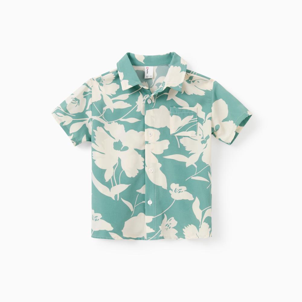 PatPat Family Matching Leaf Print Green Short-sleeve Shirt or Sling Shirred Dress Set