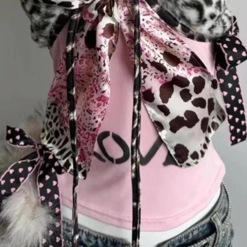 90s Harajuku Vintage Slim Camisole Subculture Leopard Patchwork Bow Halter Vest Y2K Aesthetic Letter Print Tanks Slim Women Tops