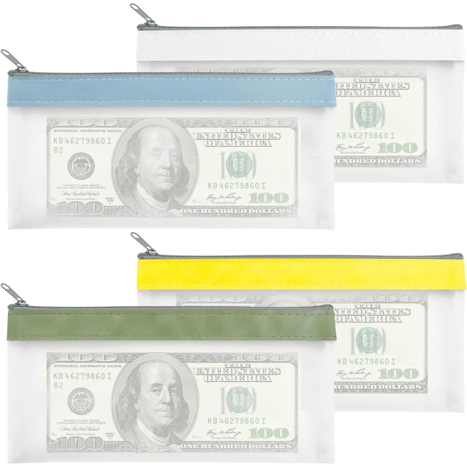 Money Bags with Zipper, 4-Pieces Clear Reusable Cash Envelopes, Bank Deposit Bags, 4 Colors Multi-Purpose Money Pouch, Xmas Coin Bag for Cosmetics, Invoice, Bills, Tools (color set B)