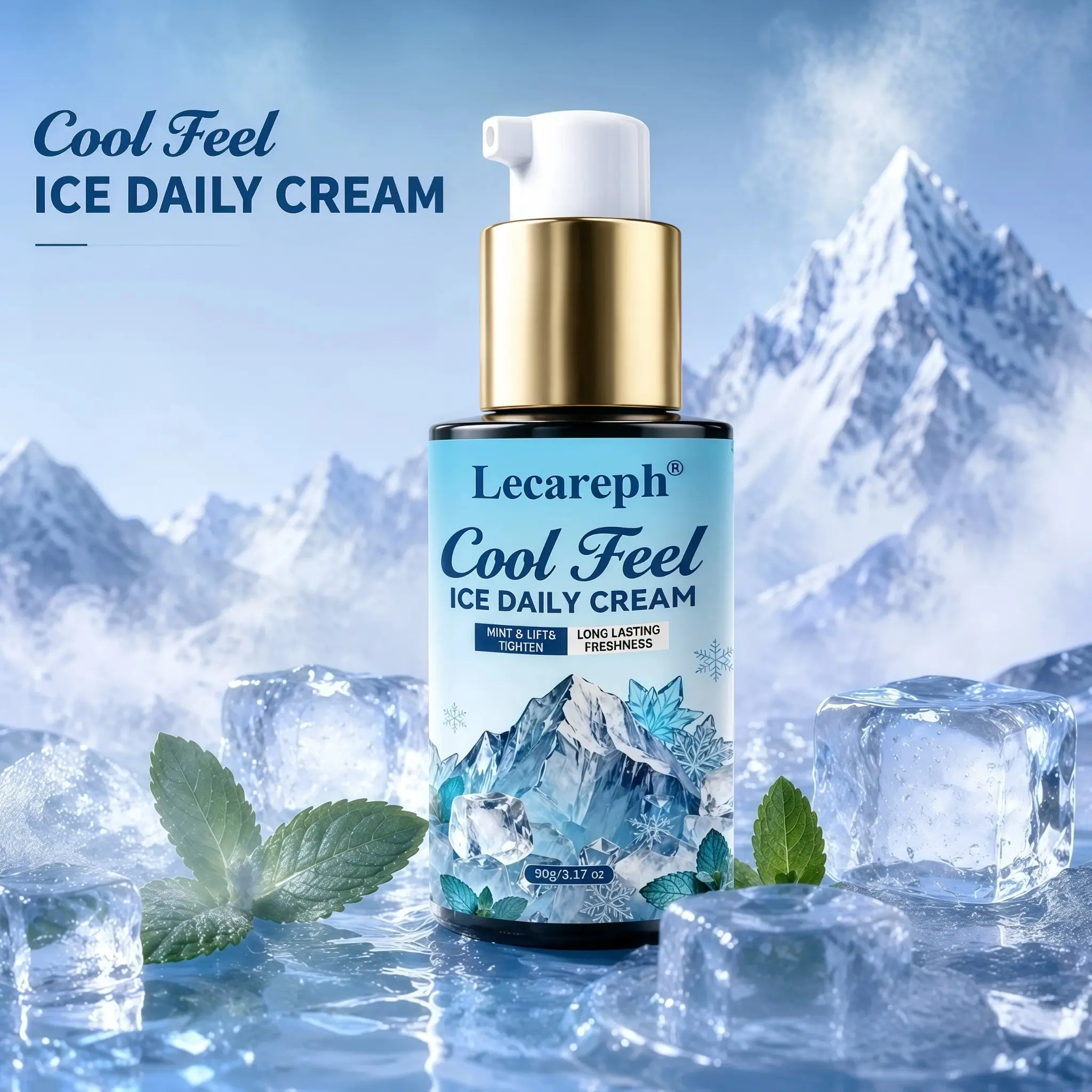 【Lecareph】Daily Ice-Moisture Cream | Upgraded Formula with Niacinamide & Hyaluronic Acid | Lightweight & Non-Greasy Hydration, 90g Pump Bottle