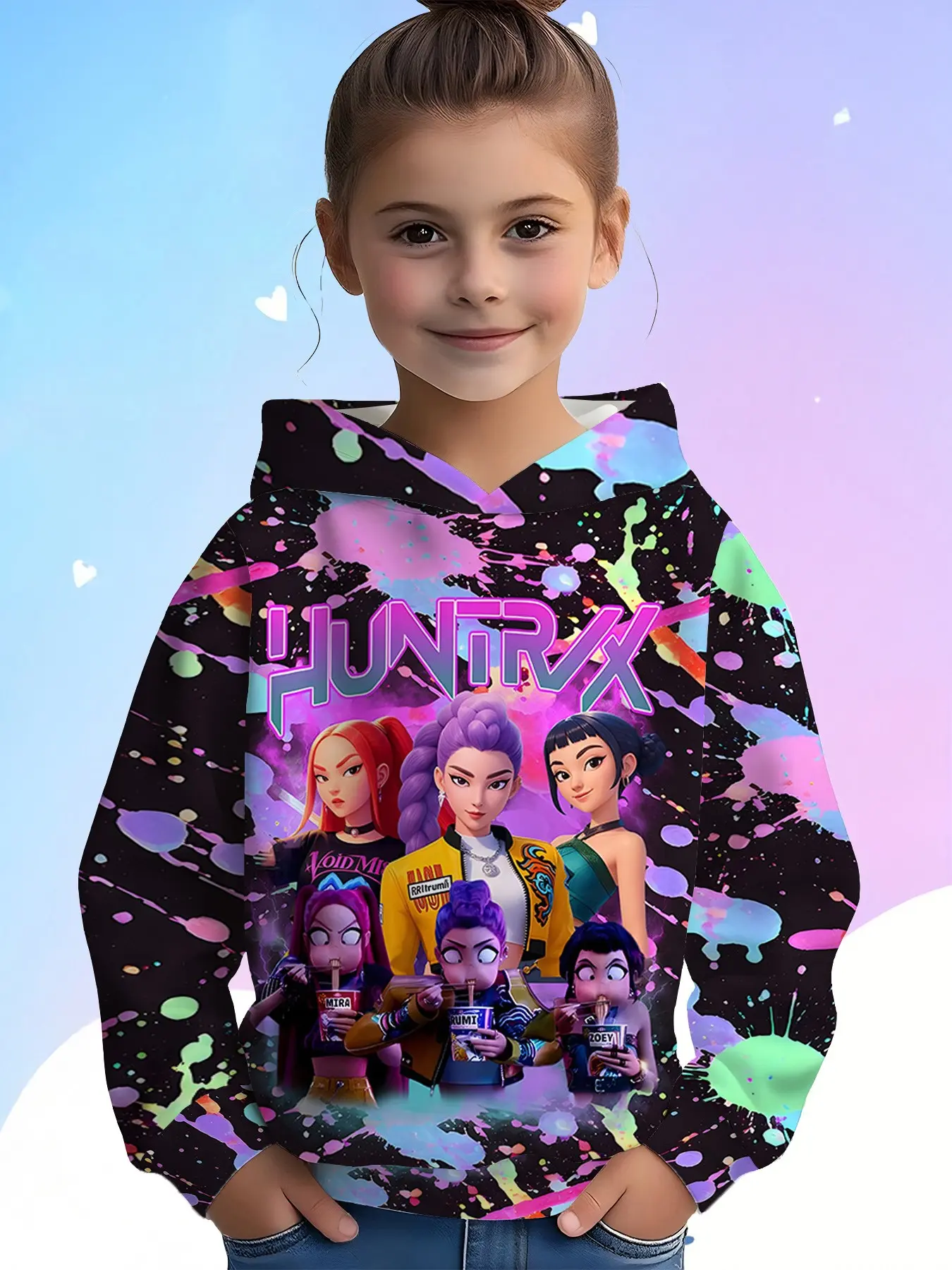 Girls' Hooded Sweatshirt, Hoodie, Base Colorblock All over Print, Anime Long Sleeve Pullover, Casual Winter Top, Perfect Christmas Gift