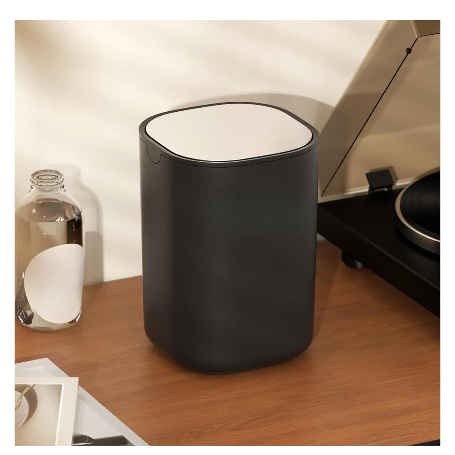 1-Gallon Plastic & SS Mini Trash Can with Swing Top Lid, Small Desktop Countertop Wastebasket for Bathroom, Office, Bedroom Vanity