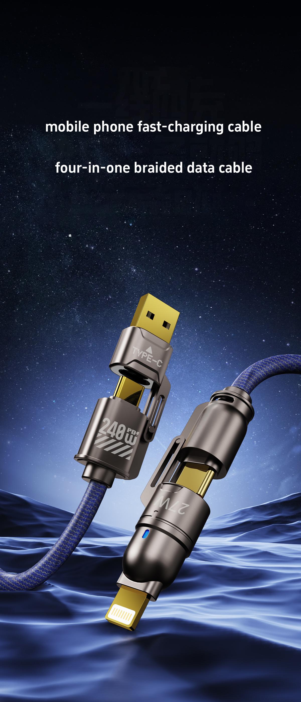 Navy Blue 4-in-1 Fast breathing Charging Cable for Apple Lightning & Android Type-C Devices Braided Wires Compatible with Mobile Phones Laptops Tablets Cellphone Charger 240w USB-C PD Long Cord Bend Resistant