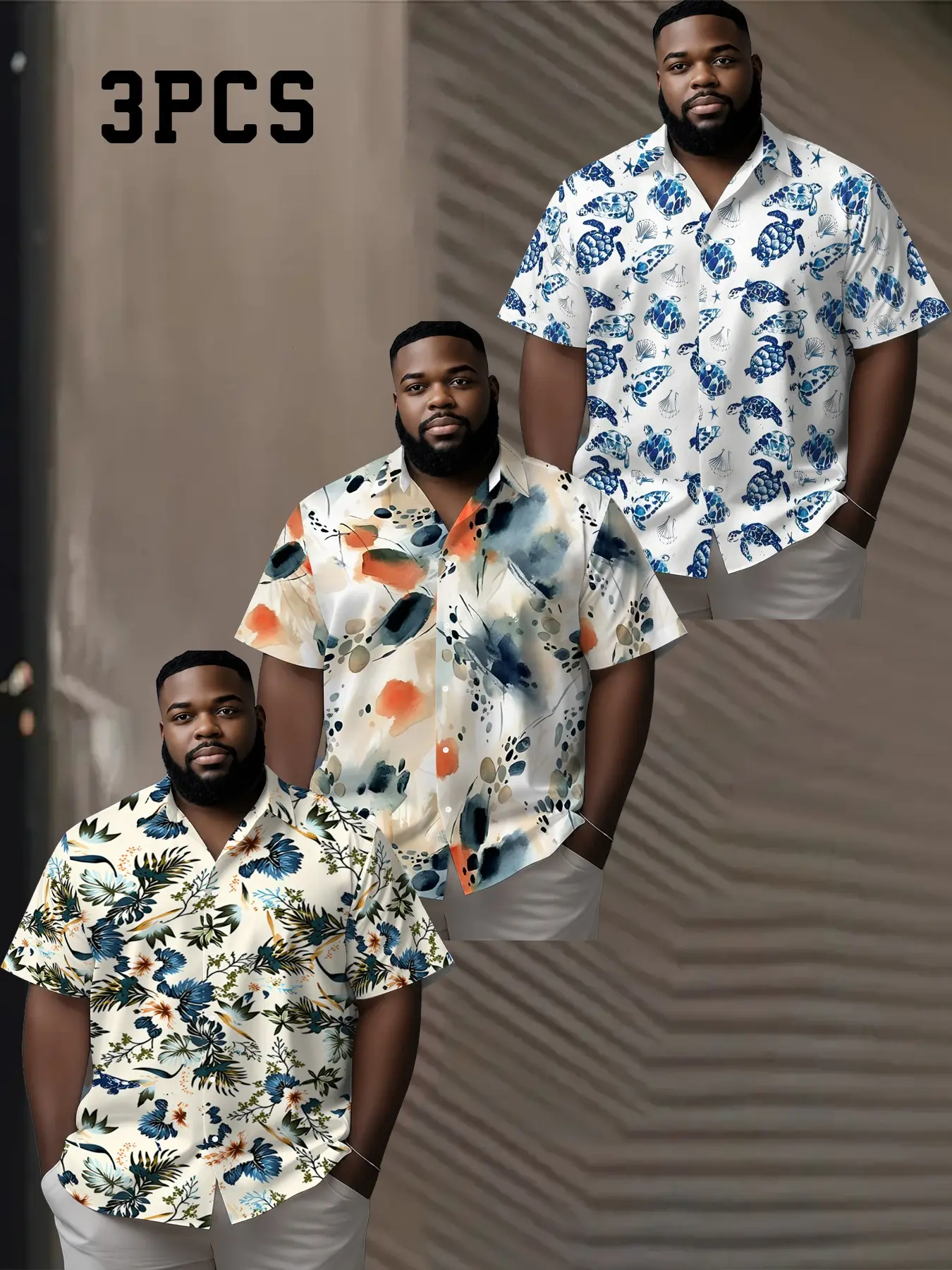 Plus Size Men's Multi-Style Printed Shirt Set, Three-Piece Summer Beach Vacation Casual Short Sleeve Shirts, Comfortable and Stylish