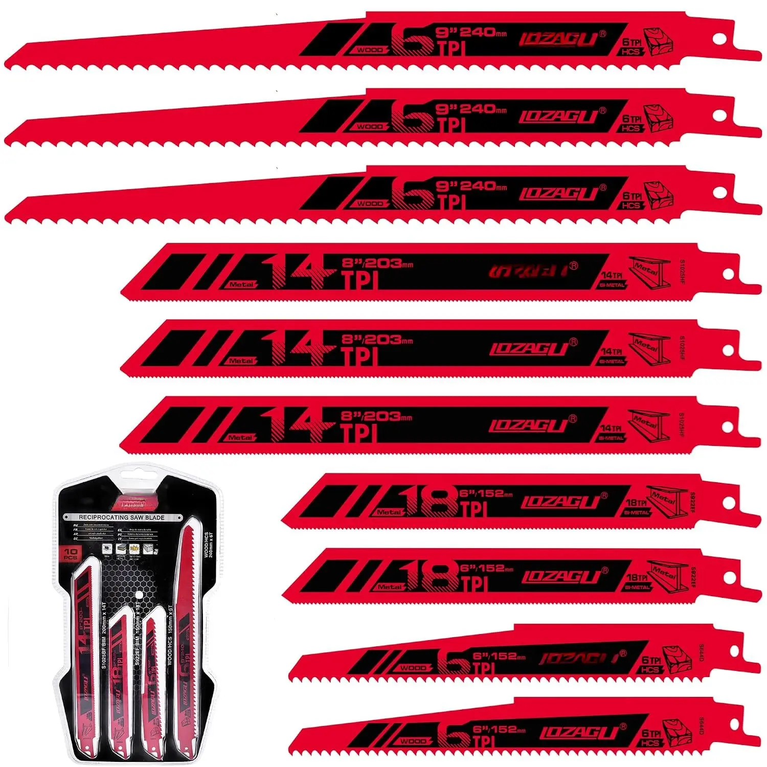10-Piece Reciprocating Saw Blade Set - Carbon Steel & Bi-Metal Blades (6-9 in) for Cut Wood/Metal & Plastic Cutting Tasks, Hand Tool Pruner, Set Blades