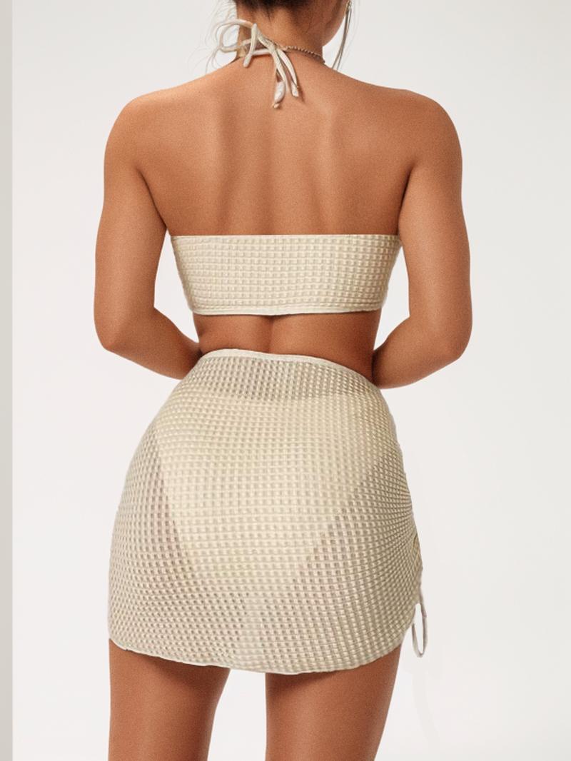 Women's 3pcs Solid Criss Cross Halter Tie Back Bra & High Cut Panty & Drawstring High Waist Sheer Skirt Swimsuit Set, Textured Swim Bra & Swim Panty & Swim Skirt, Summer Beach Party Swimwear Set for Women, Bikini Swimsuit