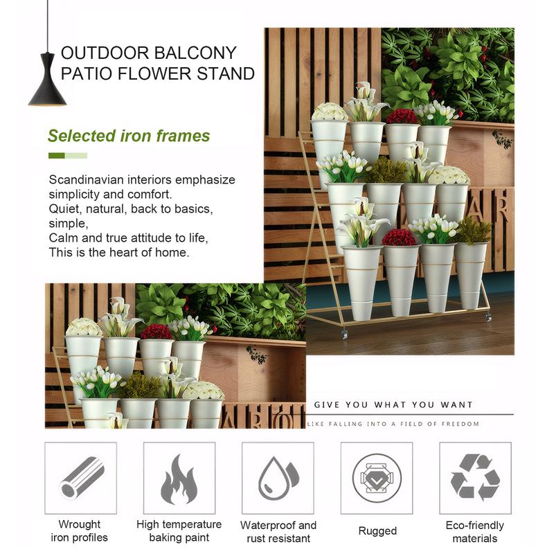 Flower Display Stand 3 Layers Metal Plant Stand with Wheels and Foot Brake