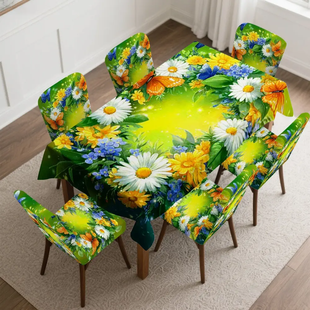 Butterfly and Daisy Sunflower Design Chair Covers and Tablecloths, Easy Install and Maintenance, Ideal for Living Room, Kitchen, Camping, Parties