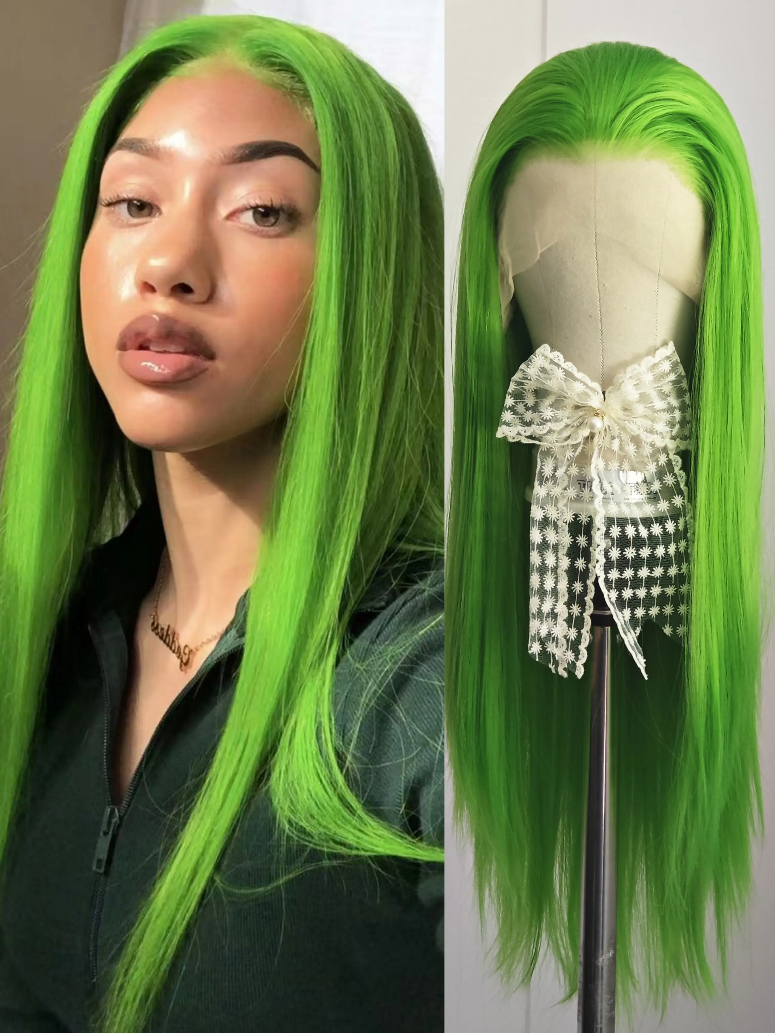 Green Hair Long Straight Synthetic Wig Free Part Heat Resistant Fresh Green Color Lace Front Wigs High Quality Natural Hairline Green Hair for Women Men Cosplay Party Use