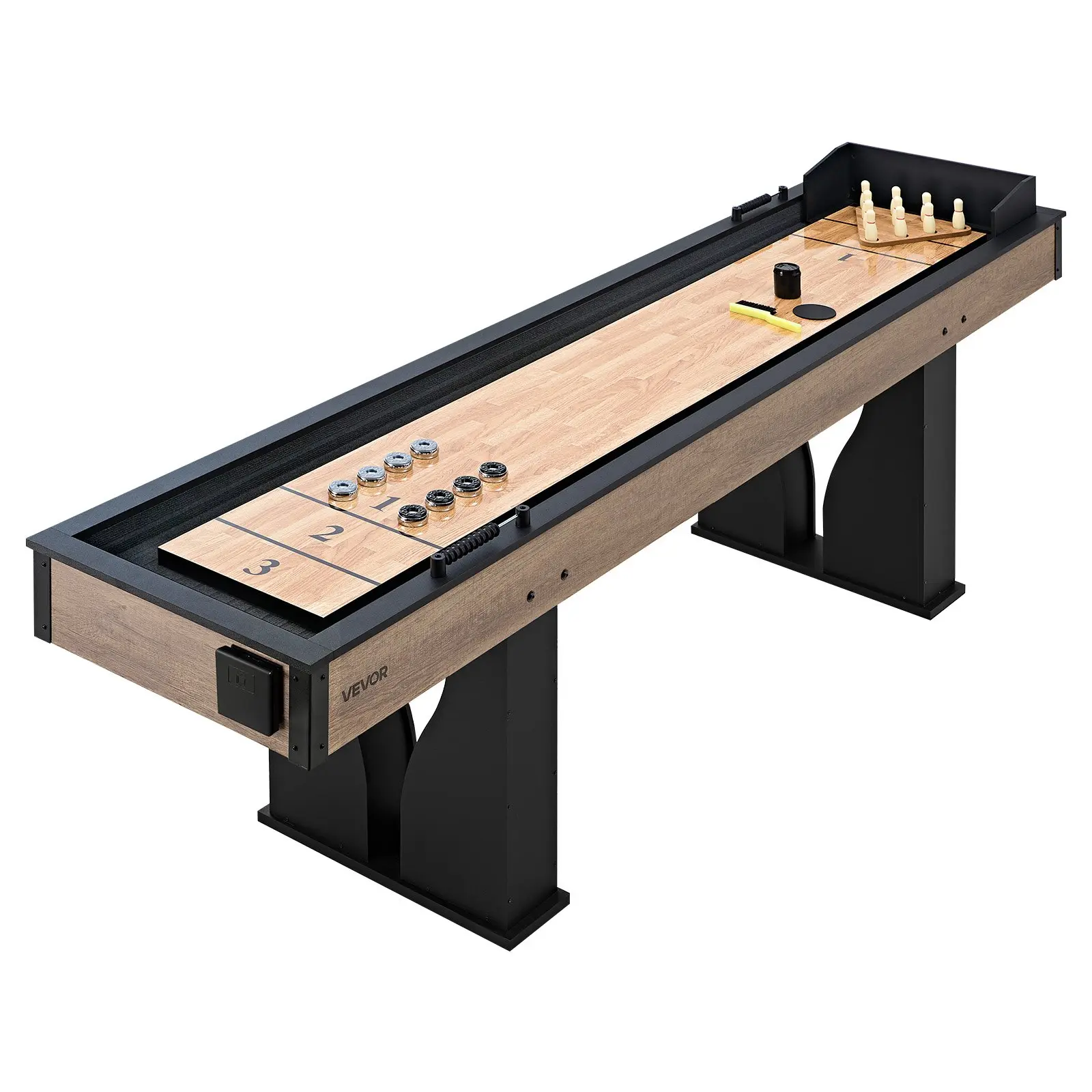 VEVOR 9 ft LED Shuffleboard Table, 2 in 1 Shuffleboard and Bowling Combo Set, Shuffle Board with LightUp Rails, Scratch-Resistant Playfield, 8 Pucks, Bowling Set, Wax, Brush, for Family Game Room