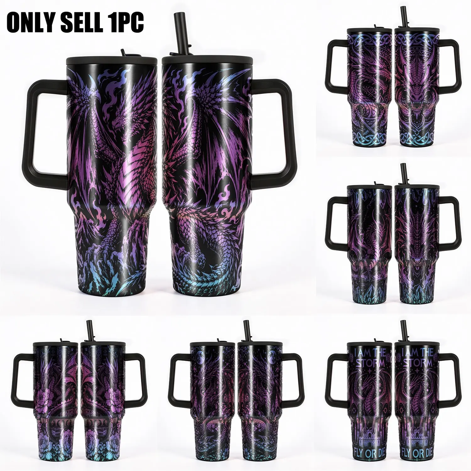 1PC Dragon 40oz Leakproof Tumbler Iridescent Dragon Travel Mug. BPA-Free 304 Stainless Steel Dragon Tumbler; 20H Cold/8H Hot Insulation, Leakproof Travel Cup with Silicone Non-Slip Base, Insulated Vacuum Drinkware