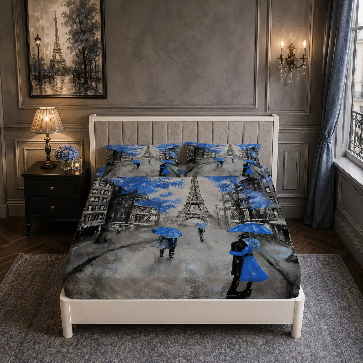 3 Pieces Romantic Paris Eiffel Tower Fitted Sheet Set (1 Fitted Sheet + 2 Pillowcases, No Inserts), Watercolor Blue Umbrella Couple Digital Printed Soft Polyester Bedding, Vintage Cityscape Decor, Suitable for Bedrooms, Guest Rooms and Couples’ Homes