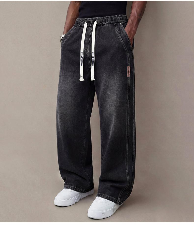 Men’s Stretch Denim Jeans — Vintage Washed Straight-Leg Fit, Drawstring Design for Easy Pulling On and Versatile Casual Wear; Regular-Season Everyday Long Pants