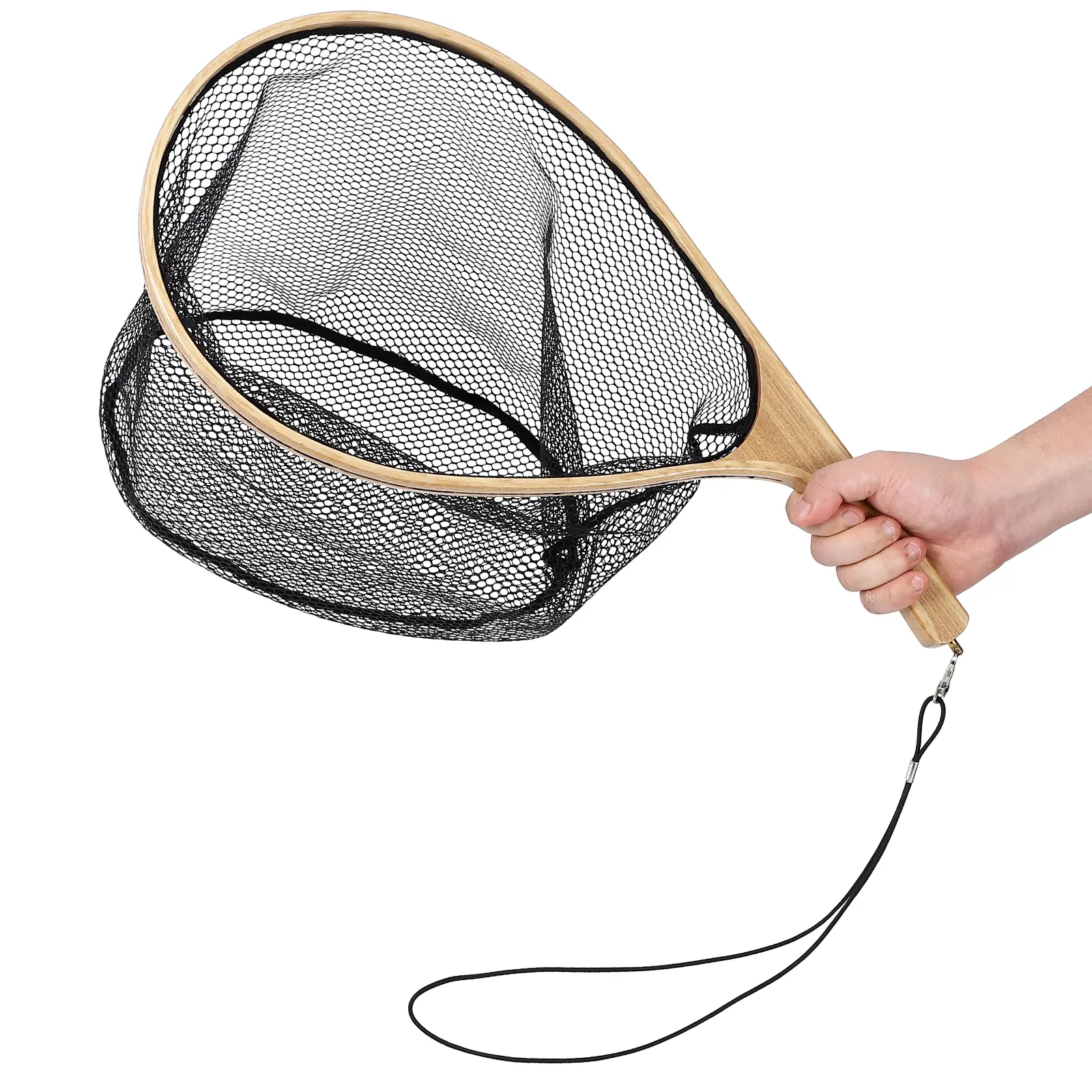 Lightweight Wooden Fly Fishing Landing Net - Rubber Coated Deep Mesh, Curved Ergonomic Handle, Fish-Friendly Catch & Release – Portable Tool for Trout, Freshwater & Saltwater