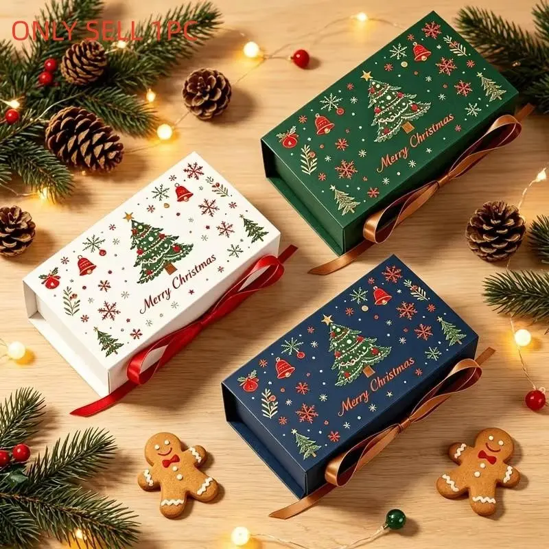 Christmas Gift Box with Ribbon, Snowflake Print Rectangular Luxury Candy Cookie Wrapper, Perfect for Holiday Chocolate Wedding Gifts