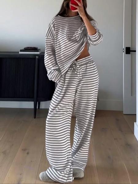 Women's Casual Striped Long Sleeve Top & Pants Set, Comfortable Loose-Fitting Home Wear, Fashionable Two-Piece for Daily Use