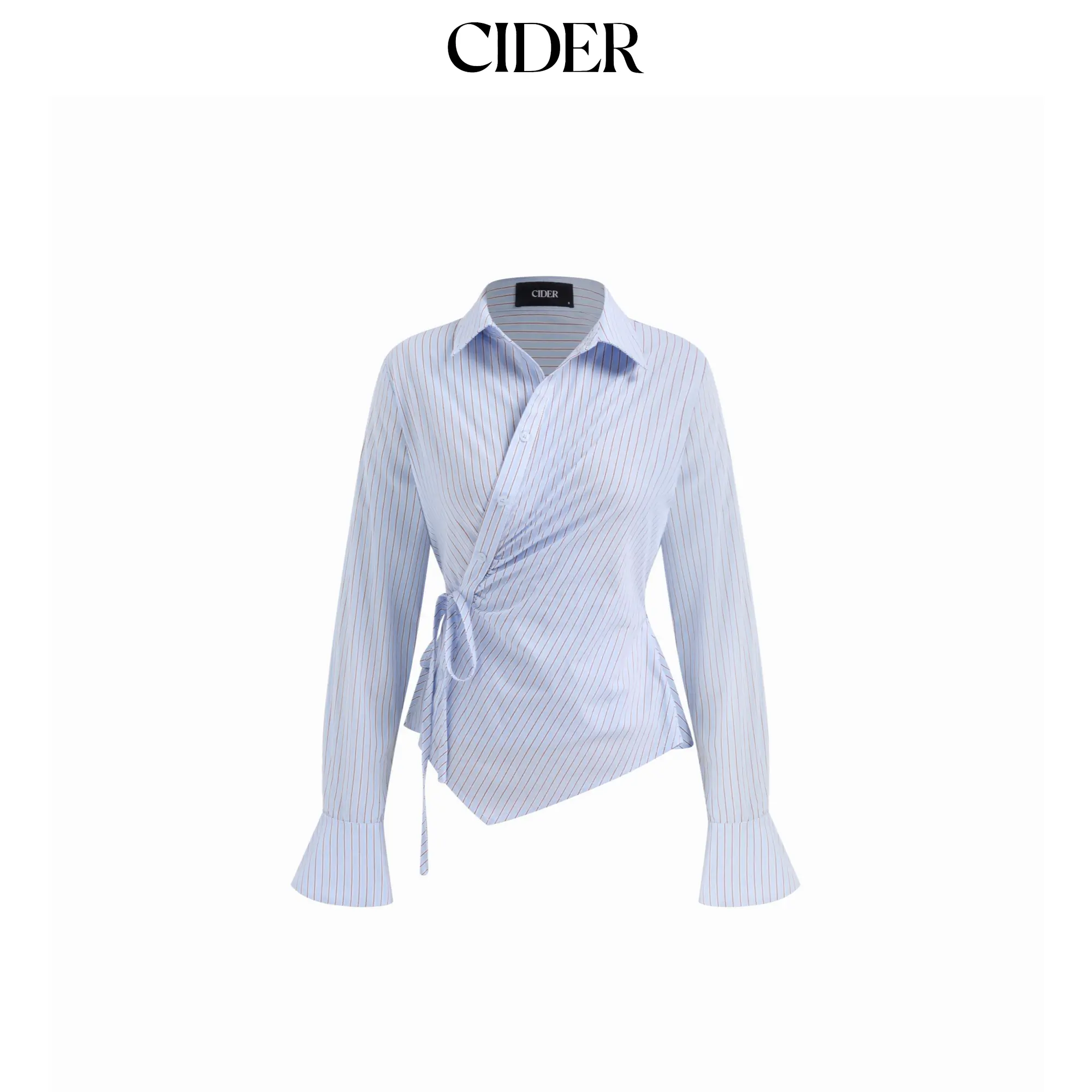 Cider Collar Asymmetrical Hem Tie Side Ruched Blouse