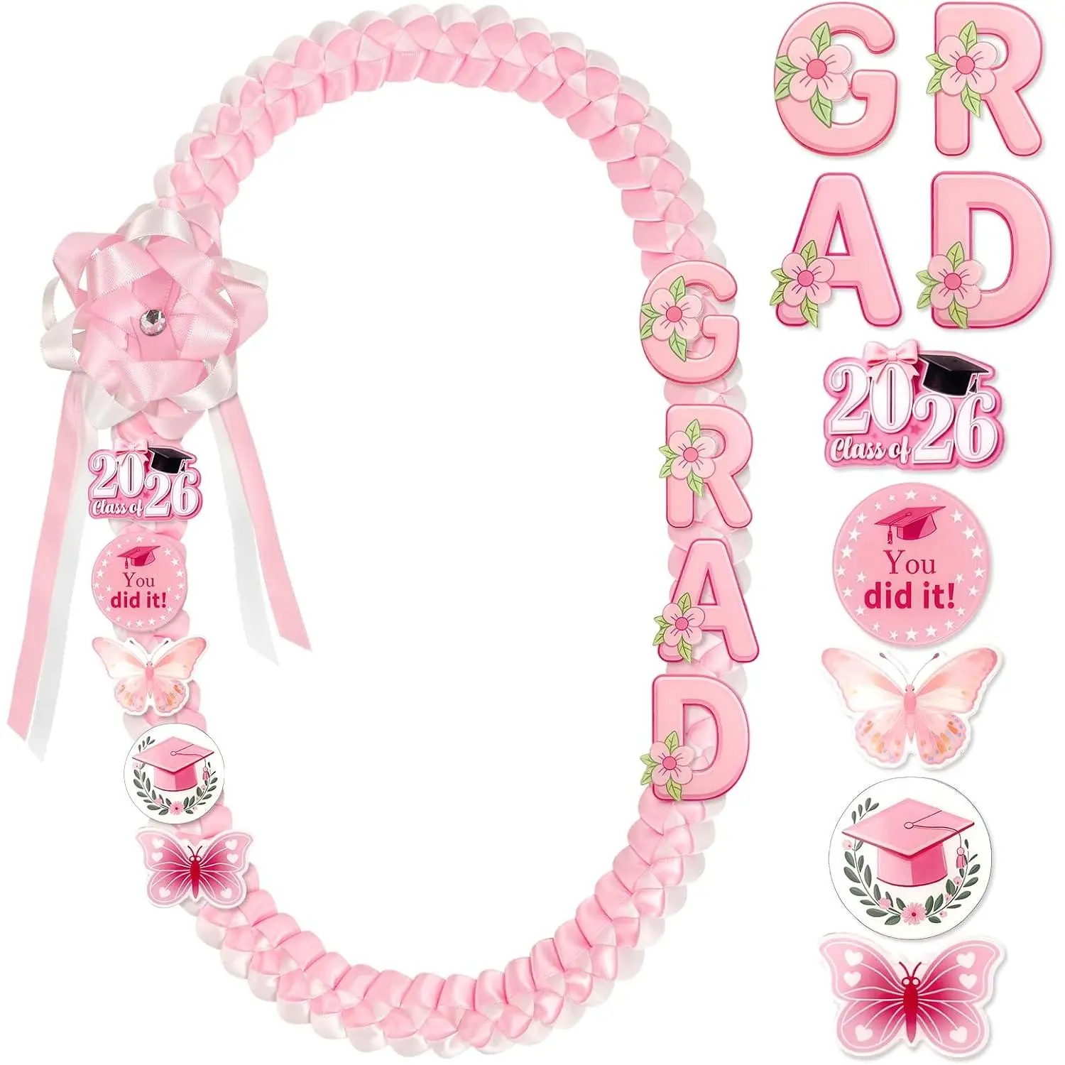 Graduation Lei Class of 2026, Double Braided Ribbon Grad Lei with Happy Graduation Badge & DIY Ornaments, Creative  for High School College Party Supplies