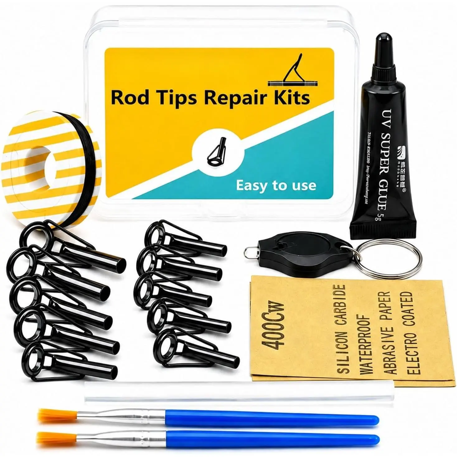 10 count Bulk Fishing Rod Tip Repair Kit for Baitcaster & Spinning Pole, Small to Large Stainless Steel Top  for Freshwater & Saltwater