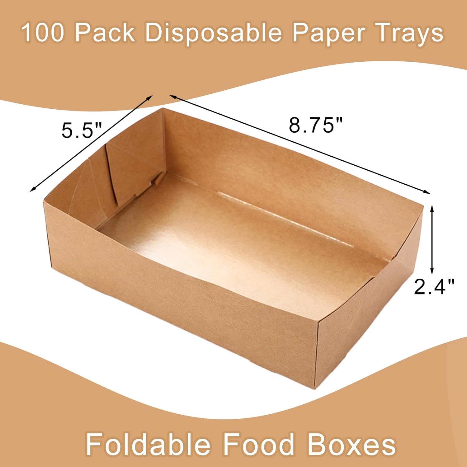 100 Pack Disposable Paper Trays, Rectangular   Containers Foldable Boxes, 4 Corner Pop Up Cardboard  Trays for  , Nacho, Snack, Stadiums, Theaters, Brown