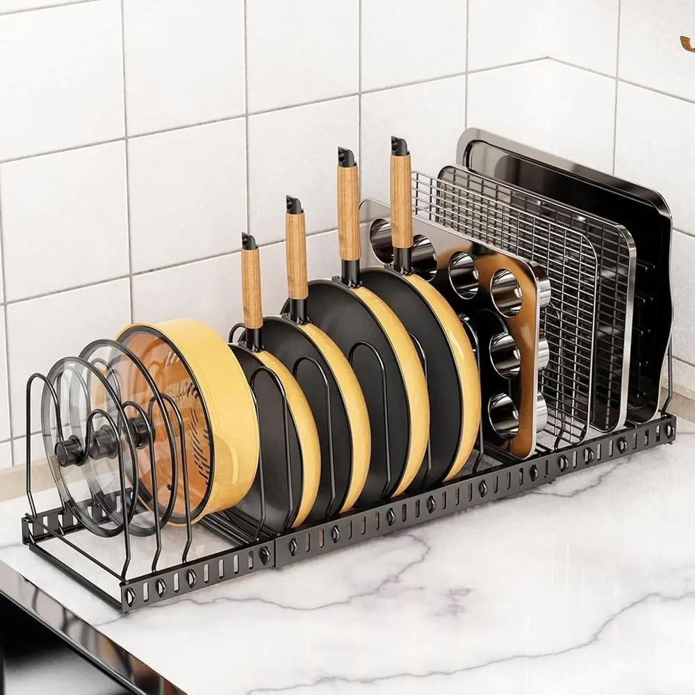 Pot and Pan Organizer Rack for Cabinet, 3 Expandable Pot Lid Organizer Holder with 12 Adjustable Compartment for Kitchen Cutting Board, Pan Lid, Cabinet Cookware Baking