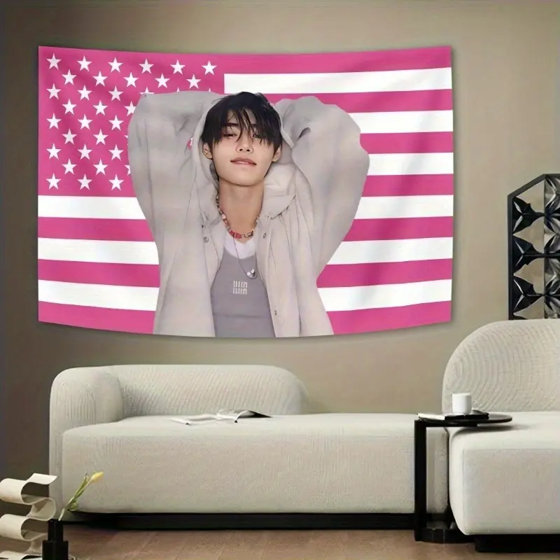 1pc Two-Dimensional Printed Large Pink American Flag Canvas Banner, K-Pop Idol Wall Hanging with Stars, Durable Fabric. Suitable for Living Room, Bedroom, Dorm, for Man Cave. Easy to Hang Canvas, No Electricity Required. Ideal for Korean Star Fans
