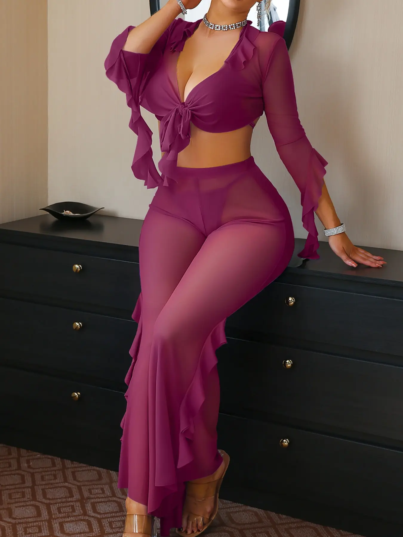 Sexy Ruffle Mesh Pajama Set Loungewear Nightwear Set, Long Sleeve Backless Top & High Waist Flared Pants, Slim-Fitting, All Seasons, Plain Pattern