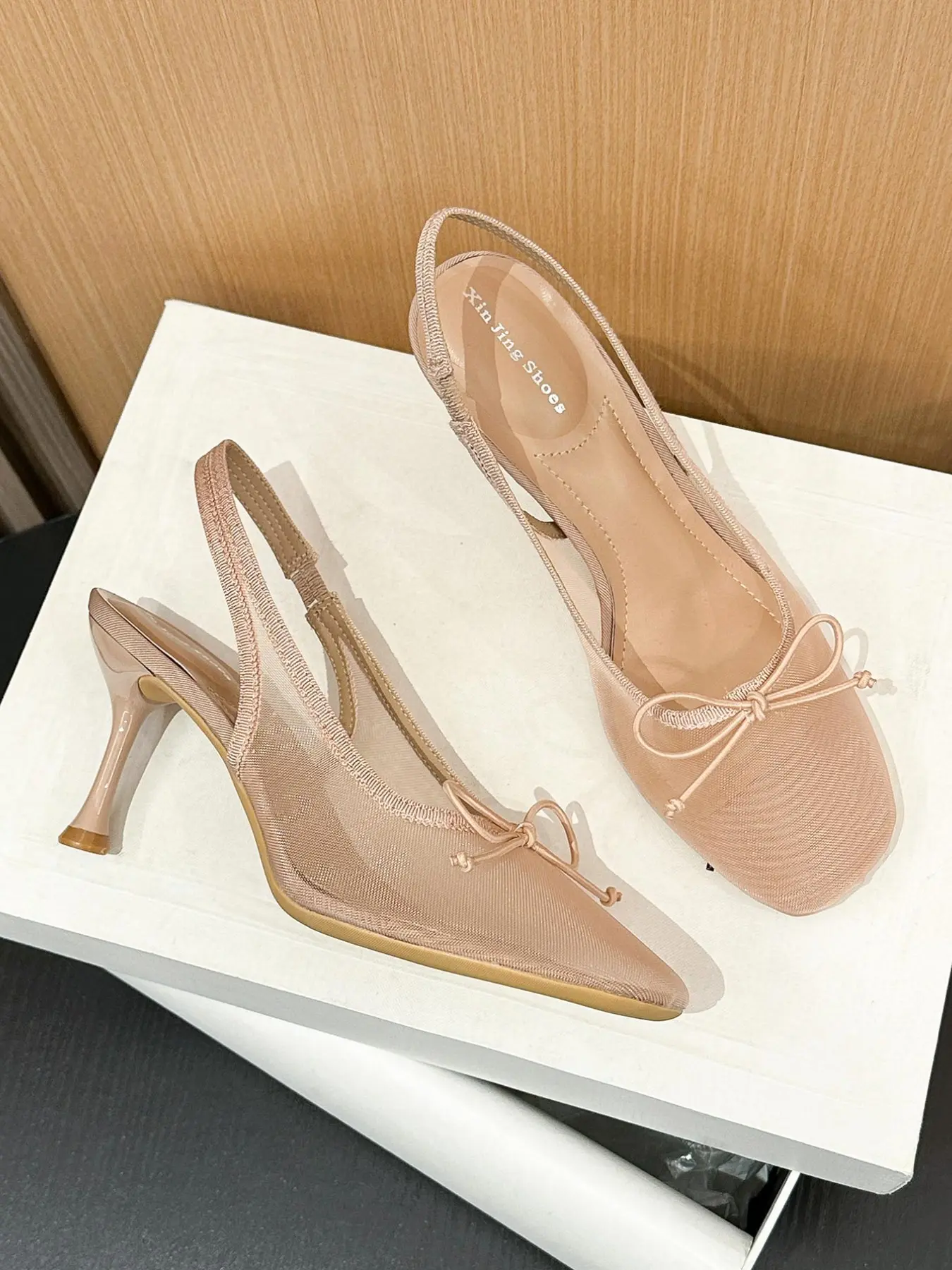 New Elegant Round Toe Bowknot Mesh Back Strap Sandals, Sexy Fashion Daily Commute Interview Work Korean Simple High Heel Women Shoes, Fashionable Heeled Sandals Bowknot Design Sandals