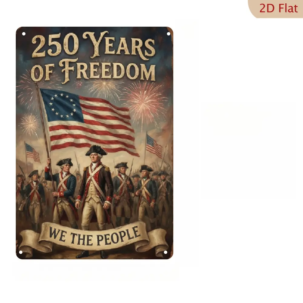 250 Years of Freedom Metal Sign 8x12 Inch, Aluminum Sign 2D Flat Print, Patriotic American Flag Metal Wall Decor, Vintage USA Wall Art with Pre-Drilled Holes for Home Office Living Room