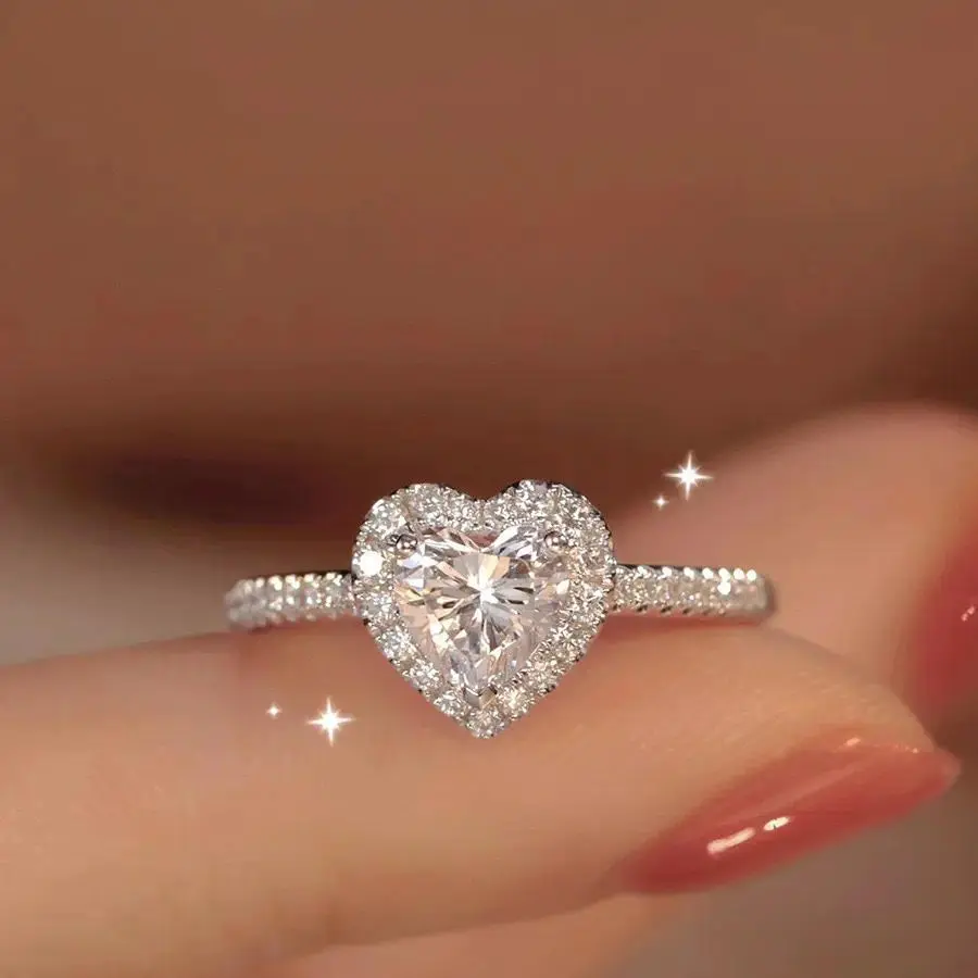 Romantic Heart‑Shaped Crystal Engagement Ring, Silver‑Plated Double Halo Promise Ring, Sparkly Eternity Pave Band Bridal Ring, Luxury Jewelry Valentine Anniversary Gift For Women