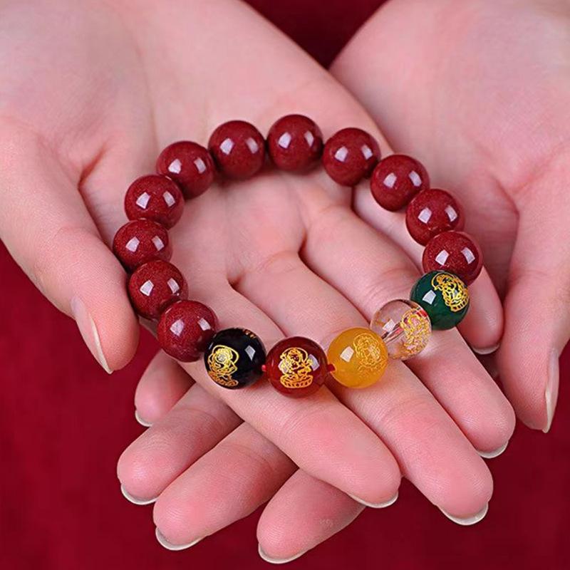5-Paths Wealth God Cinnabar Bracelet - Natural Mercury Ore Beads, Crystal Accents, Luck Attraction, Birth Year Protection for Adults, Males, Daily Use, Birthday Gift (Fengshui Home Decor Ornament), Five Deities