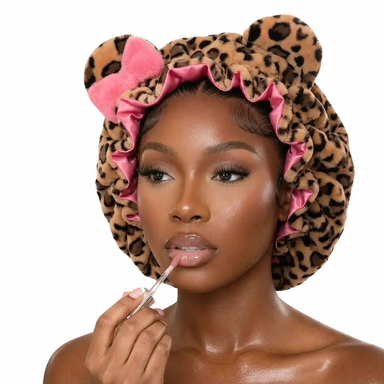 Soft Velvet-Lined Leopard Print Pink Hair Bonnet with Wide Elastic Band for Overnight Hair Protection, Frizz Control, and Heatless Styling—Perfect for Curly, Straight, or Textured Hair Care Routines