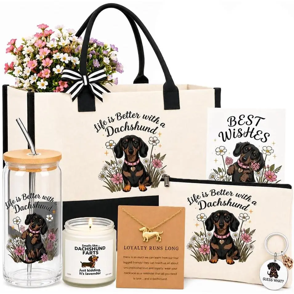 Dachshund Gifts for Women, 8 Pcs Weiner Dog Gift Basket with Tote Bag, Makeup Bag, Glass Cup, Lavender Candle, Keychain, Necklace, Greeting Card & Gift Box for Dog Mom