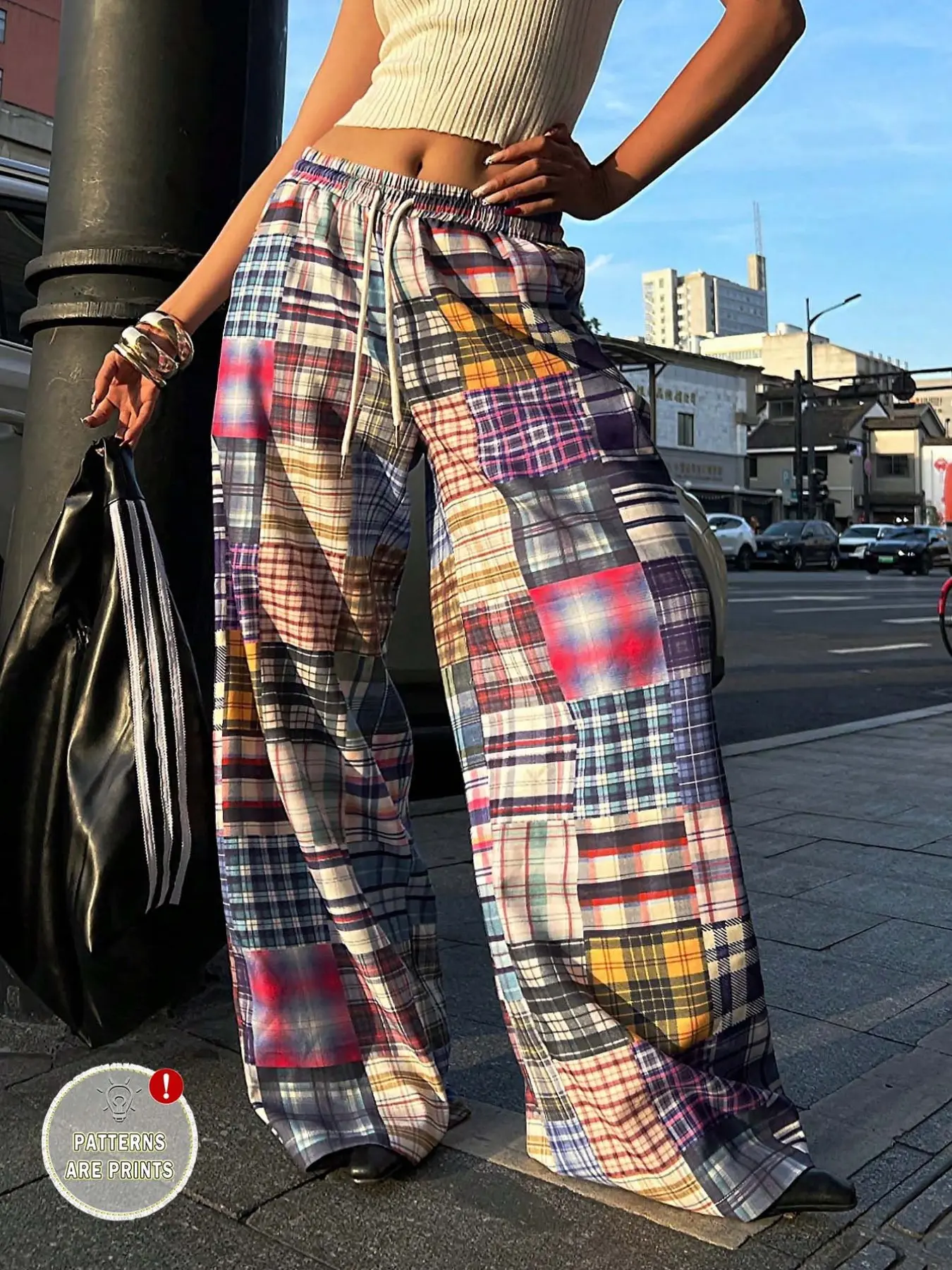 Men Women 3D Faux Patchwork Plaid Print Wide Leg Pants, Mixed Check Graphic Adjustable Drawstring Loose Trousers, Y2K Streetwear Casual Baggy Everyday Pants