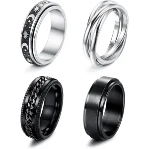 Stainless Steel Fidget Anxiety Ring for Women Men Fidget Spinner Rings Moon Star Celtic Stress Relieving Spinning Ring Wedding Band Rings Set,4-6Pcsfidget toys