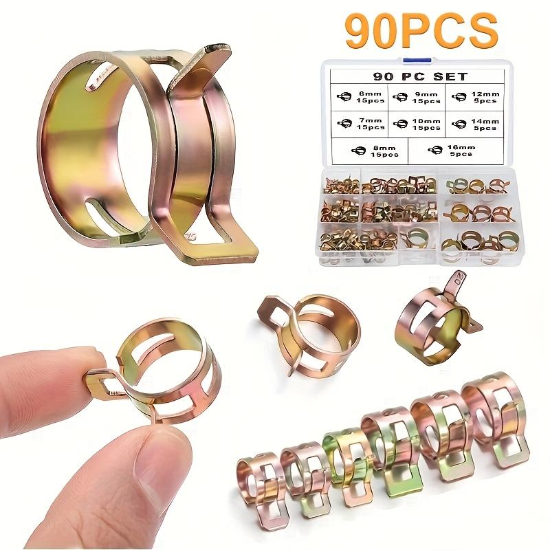 90pcs Spring Hose Clamp Assortment Kit Includes Spring Band Action Clamps for Fuel, Vacuum Hose, And Low-pressure Air Applications. Sizes Available: 6mm, 7mm, 8mm, 9mm, 10mm, 12mm, 14mm, And 16mm.