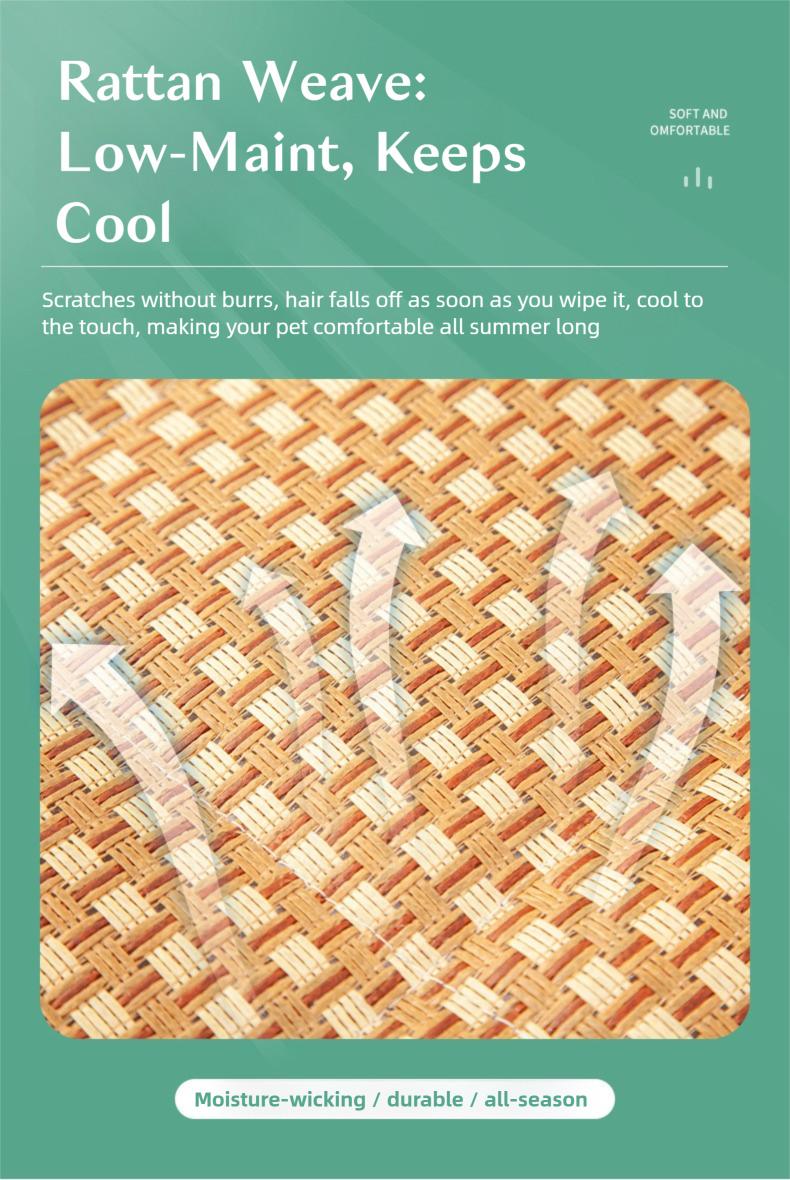 Cool Your Pet Naturally!Rattan Cooling Mat, Ice Silk Surface, Non-Slip, Anti-Scratch, for Crates, Sofas & Travel