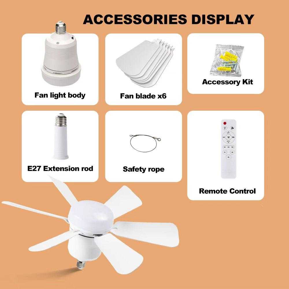 New E27 screw-in lamp holder fan light bulb with plug-in fan blade design, LED fan with three-speed adjustment lymphatic face brush pimple patch