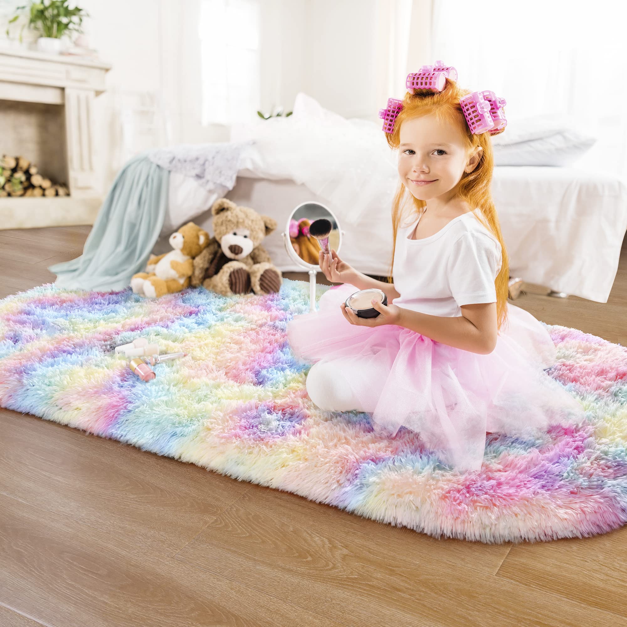 Round/Oval Rug Fluffy Soft Area Rugs for Princess Castle Plush Shaggy Carpet Cute Circle Nursery Rug for Kids Girls Bedroom Baby Room Home Decor Circular Carpet,Rainbow,Pink-purple,Blue-purple,2x5, 2.6x5.2,5x5, 6x6 Feet