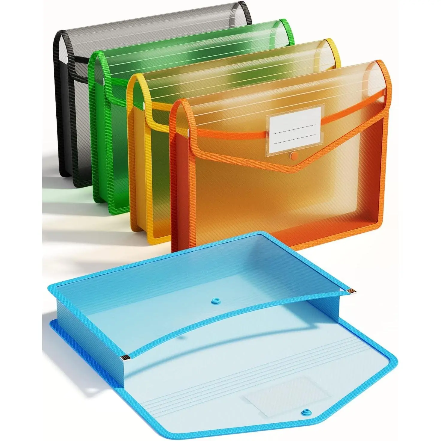 Plastic Expanding File Folder, Transparent Envelopes with Snap Closure, No Dividers, Large Capacity, Assorted Colors, Fits Letter / A4 Size - 5 Pack